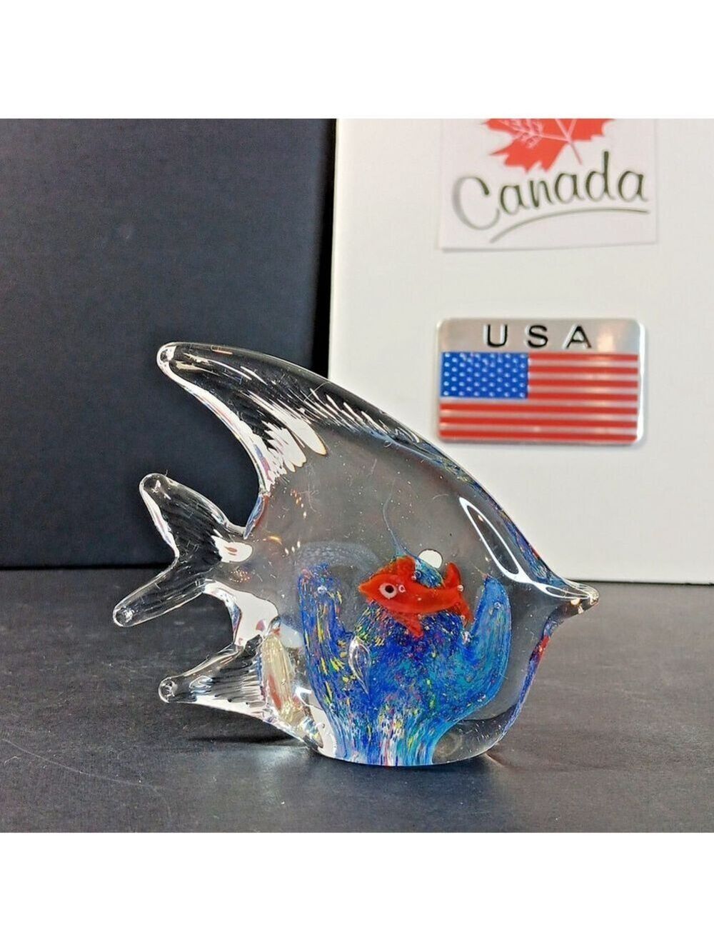 Art Glass Angel Fish Figurine Clear Blue Tiny Red Fish 3" Tall Murano Style